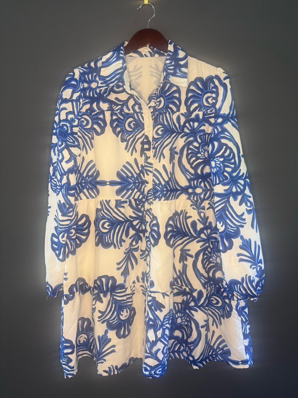 Boutique Blue & White Preppy Palm Beach Floral Button Front Women’s Dress XL 🤍💙🩵